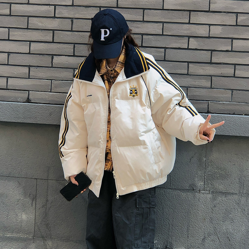 跨境复古学院风拼接撞色棉服女新款冬季加厚保暖宽松情侣棉衣外套|undefined