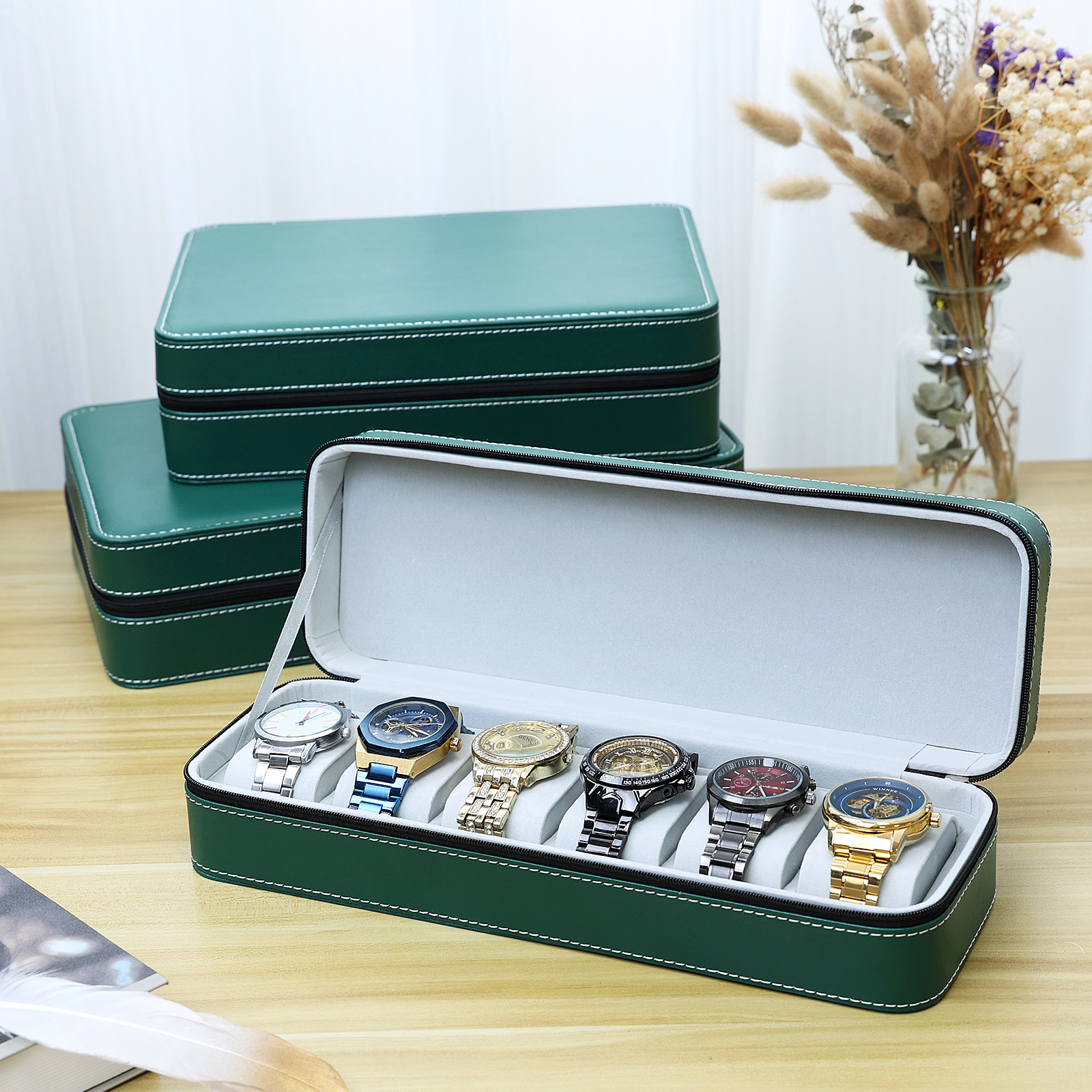 Tan Yun Zhiyuan verde PU cuero 61012 caja de reloj elegante cremallera bolsa de reloj almacenamiento exhibición embalaje reloj