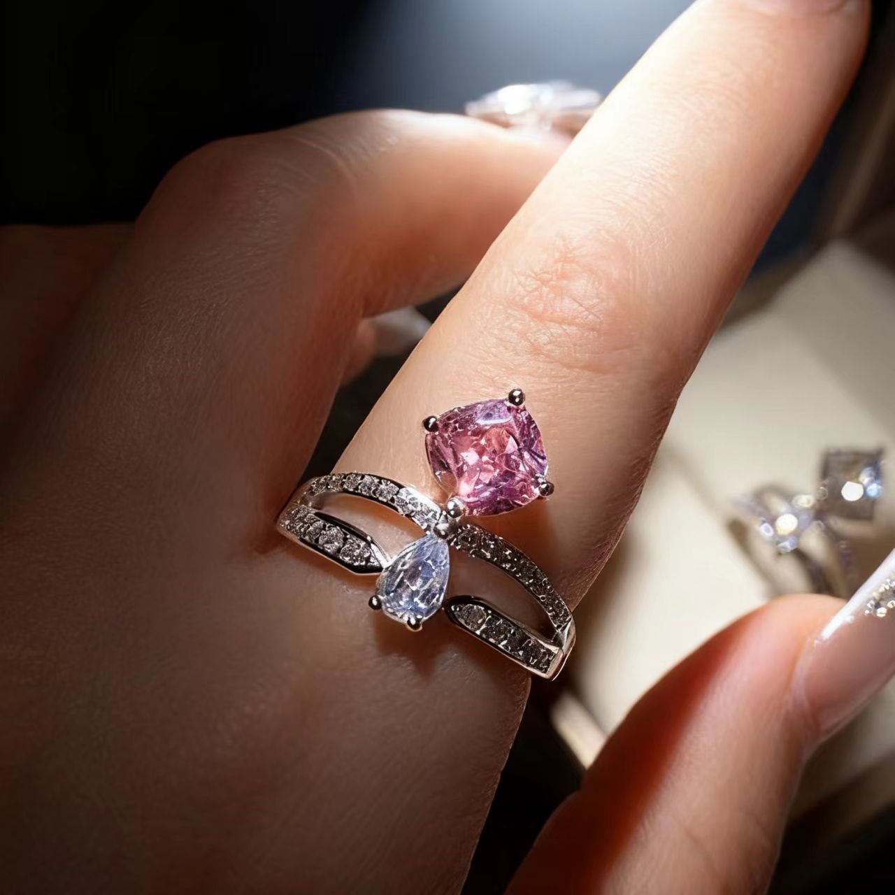Crown Ring Double Layer Stacked Square Diamond Adjustable Women_voghion.com