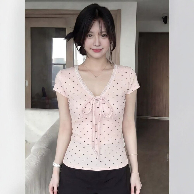 [260g Rayon Modal] Love Heart V-Neck Lace Splicing Short-Sleeved T-Shirt for Women Summer Lace-Up Slim Fit Top