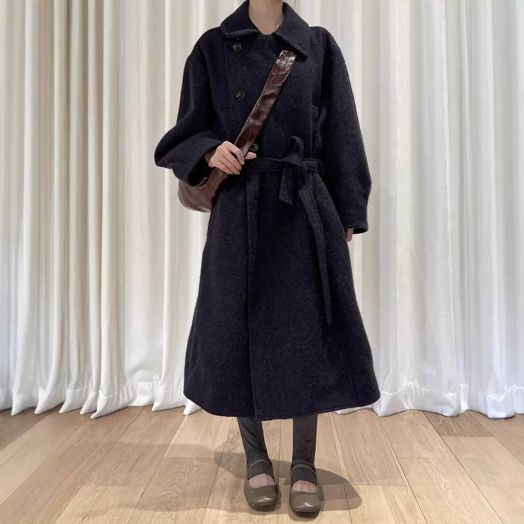 LEM毛毛呢长款大衣女系带收腰浴袍呢子大衣*幂翻领老钱复古风