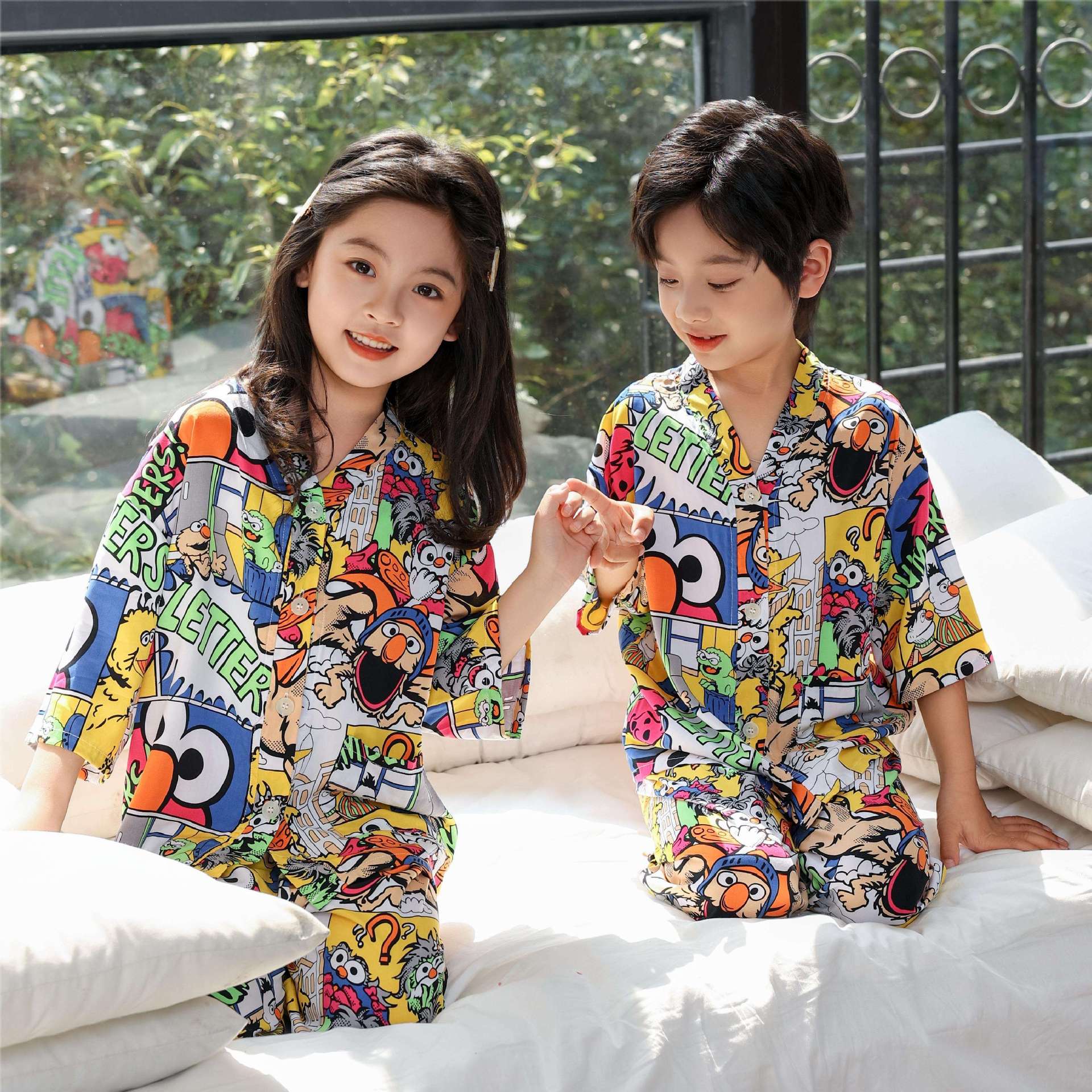 [Parent-child cotton silk suit] summer children's pajamas parent-child bloomers cotton silk suit home clothes