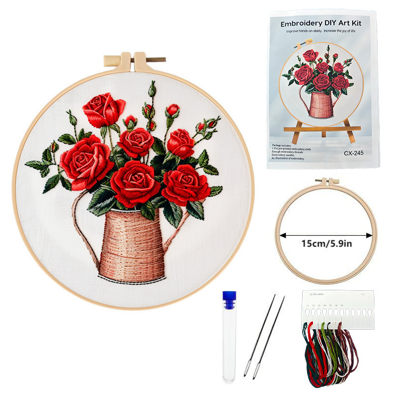 跨境新品Flower Embroidery KIT玫瑰花刺绣套件材料包英文针法|undefined