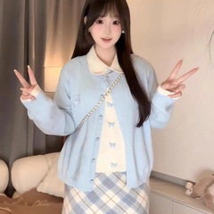 韩系蝴蝶结扣蓝色假两件开衫毛衣女秋冬感撞色针织衫外套