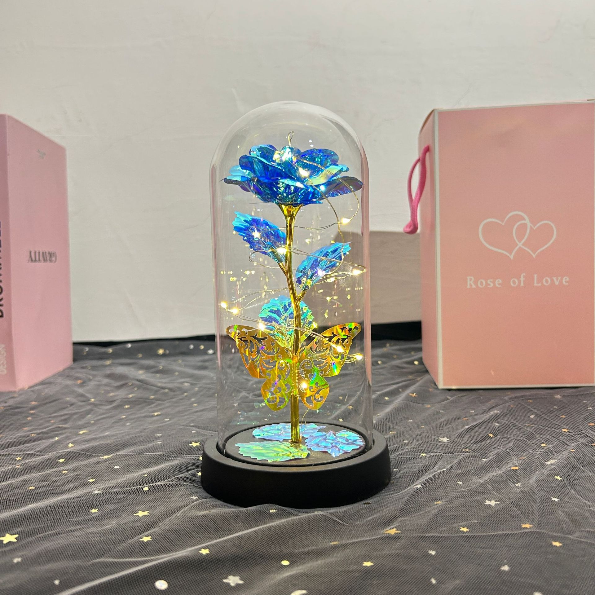 Flores de la vida eterna cubierta de vidrio brillante de oro flores de Navidad regalos de día de San Valentín creativo decoración de luces nocturnas transfronterizas