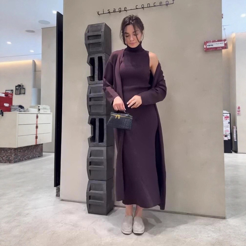 欧美女跨境外贸时尚2025秋新款高领打底针织毛衣长裙包臀长袖外套|undefined