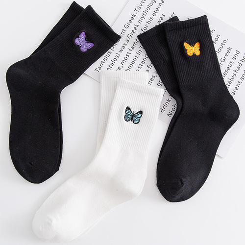 Women's Long Socks with Middle Calf Ins Trendy Korean Style Pure Cotton Butterfly Embroidered High Calf Socks for All Seasons