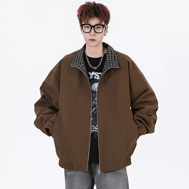 2025潮牌复古外套男春秋季宽松休闲夹克男青少年美式格子领上衣男