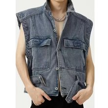 新款春夏男装美式复古小众设计磨破牛仔马甲外套男水洗做旧坎肩潮