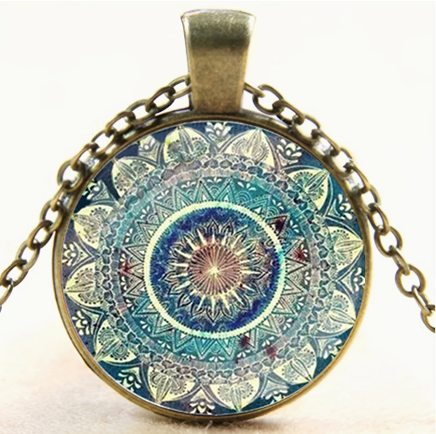 Cross-Border New Product Accessories Mandala Yoga Time Gemstone Necklace Fashion Glass Pendant Necklace European and American Jewelry Cross-Border New Product Accessories Mandala Yoga Time Gemstone Necklace Fashion Glass Pendant Necklace European and American Jewelry