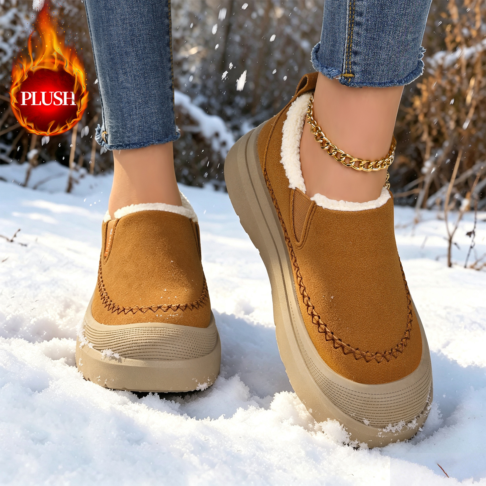 Nuevo invierno de terciopelo grueso calentamiento zapatos de mujer con suela suave y poco profunda, botas de nieve de tamaño grande cómodas y casuales para mujeres