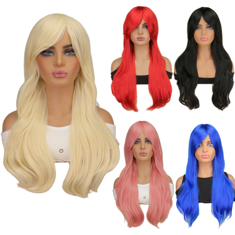 Hot-Selling Foreign Trade Wig for Women, Black with Light Brown Side Bangs, Long Curly Hair, High-Temperature Fiber Full Head Wig, Performance Colorful
