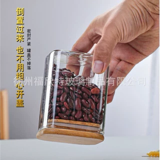 直径80mm高硼硅含竹盖透明玻璃方形储物罐茶叶调料厨房收纳瓶密封