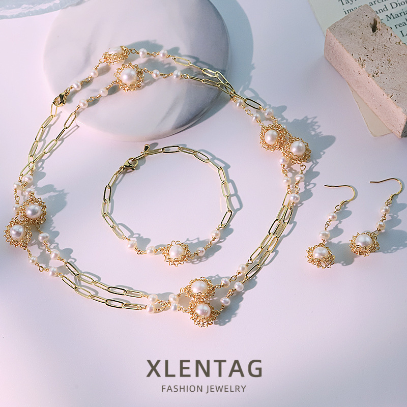 Flores de perlas naturales ganchos de auriculares pulseras collares conjunto de aretes dulces de alta calidad joyas al por mayor