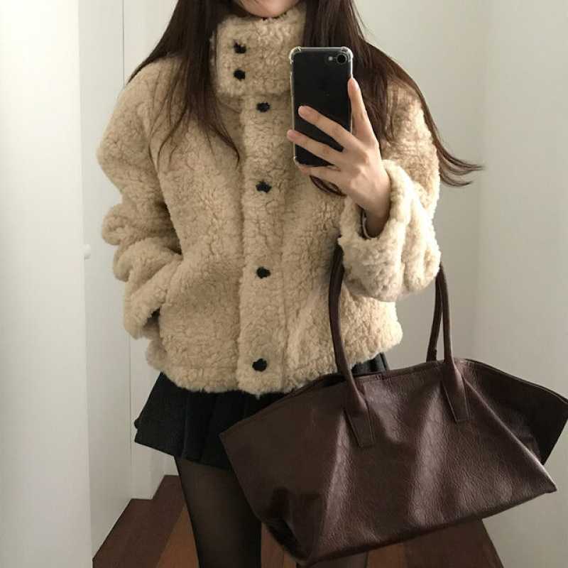 韩国chici秋冬立领气质学院风小个子减龄短款羊羔毛加厚短外套女