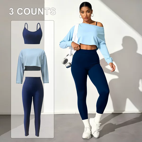 European and American Cross-Border Fashion Yoga Three-Piece Set Seamless Bra Tight Pants Long-Sleeved Tops Women's Sports Yoga Clothes