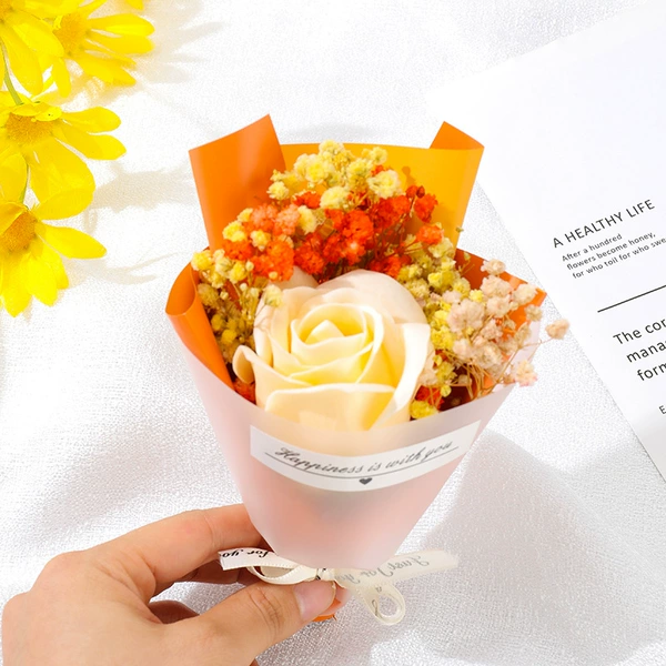 Champagne rose soap flower+orange yellow white full+orange paper+fog transparent paper