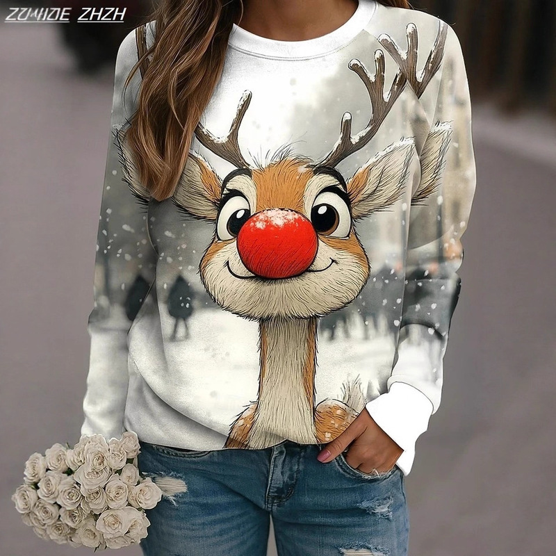 New Sweatshirt with Reindeer Christmas Graphic, Casual Long-Sleeve Crew Neck Regular Top, Casual Holiday Print, Autumn New Sweatshirt with Reindeer Christmas Graphic, Casual Long-Sleeve Crew Neck Regular Top, Casual Holiday Print, Autumn