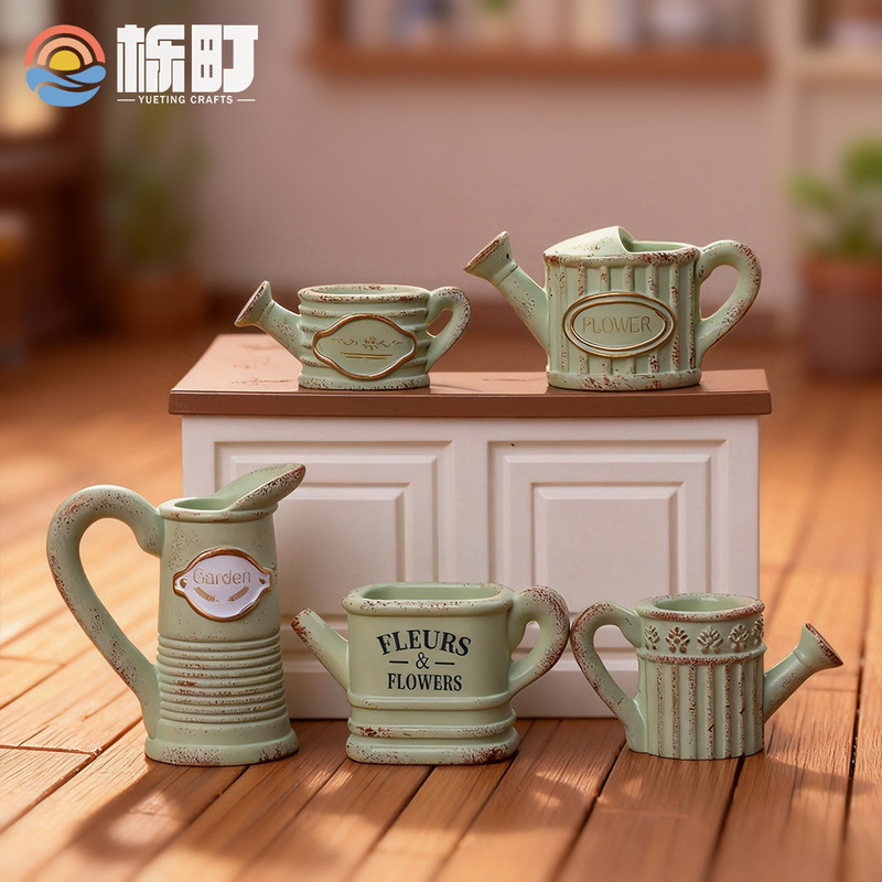 Miniature Landscape Creative Vintage Green Kettle Set DIY Dollhouse Gardening Decoration Home Living Room Ornament