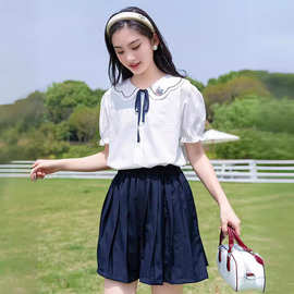 5041甜美学院白色衬衫初高中学生短袖套装少女大童简约裙子两件套