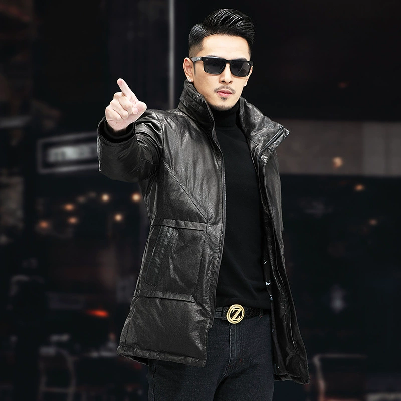 Men's long down jacket, genuine leather outer, thickened insulation, plus sizes (black)