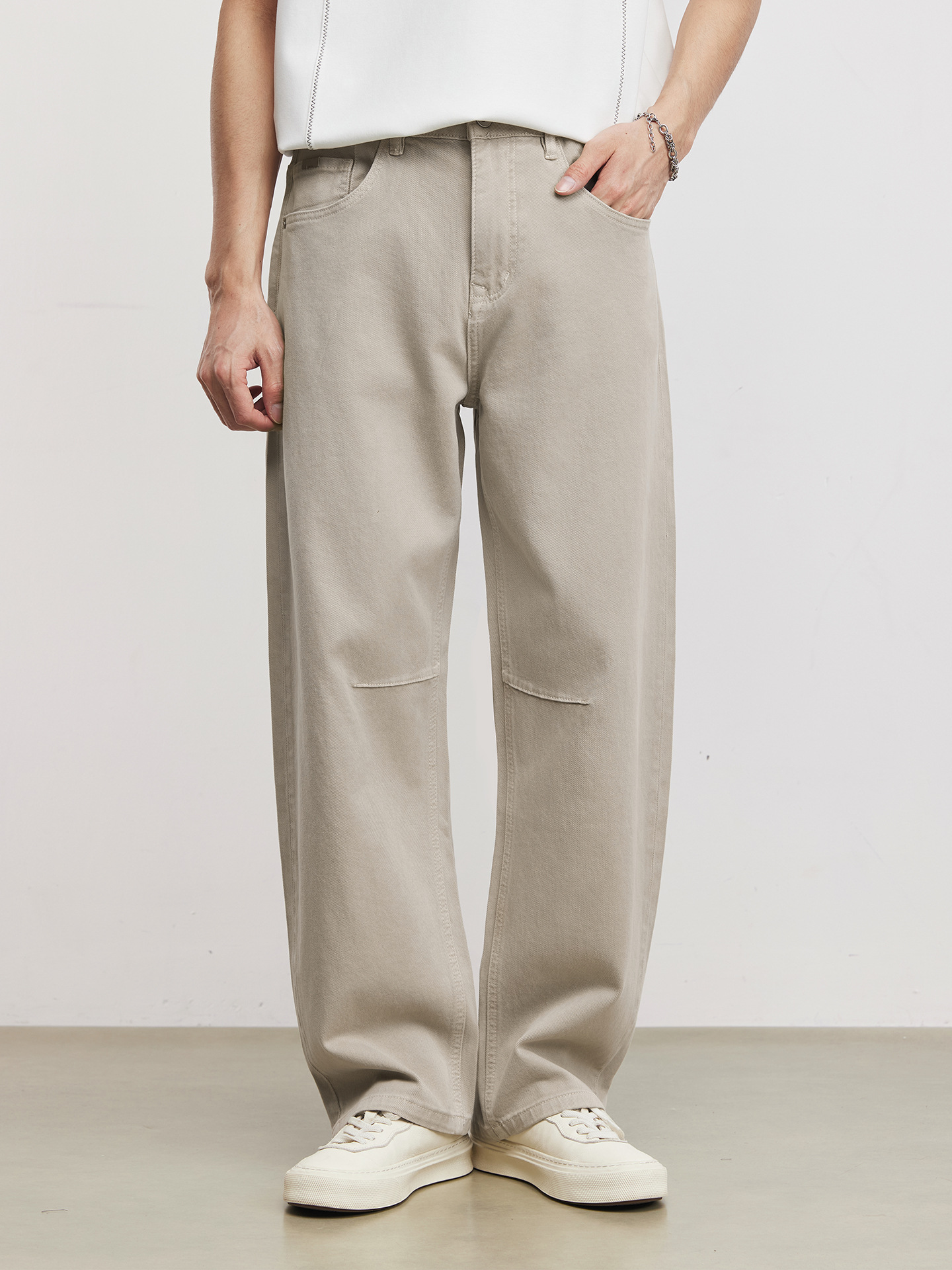 Quần jean nam ống rộng phong cách Mỹ cổ điển, chất liệu cotton pha, hiệu ứng làm cũ — Xám Paris