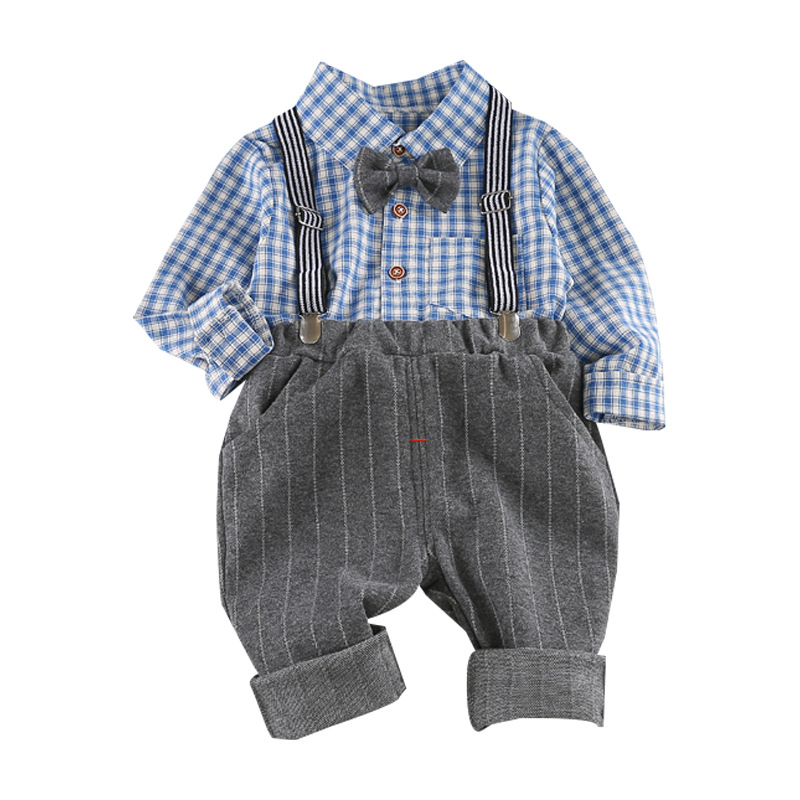 子供服の赤ちゃんの格子のネクタイのズボンの2つのセットの男の子の春の長袖の洋風のシャツのカジュアルなスーツのファッション