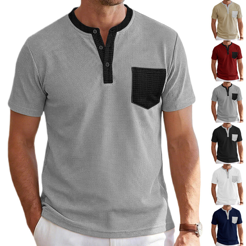 Cross-border Hyun hombre Waffle Henry cuello camiseta bolsillo de contraste Casual blusa larga de comercio exterior mangas cortas