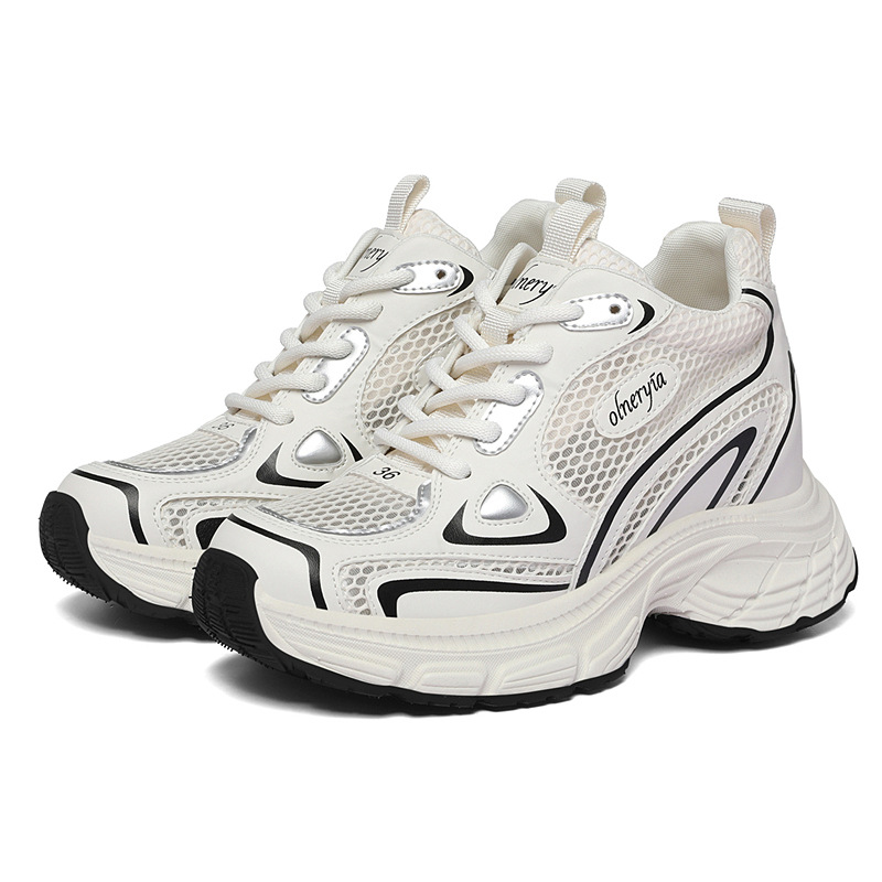 Giày sneaker nữ đế dày Diddy 2026 mới mùa hè, lưới thoáng khí, tăng chiều cao, nhẹ — 7009-5 Xám Lan, 7009-5 Màu be
