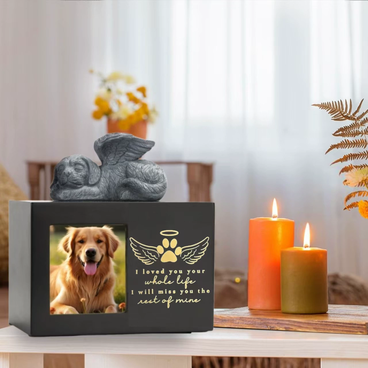 Популярная трансграничная деревянная урна для домашних животных с обработкой узором в виде сердечек и крыльев с фоторамкой + подвеска в виде ангела для собаки или кошки