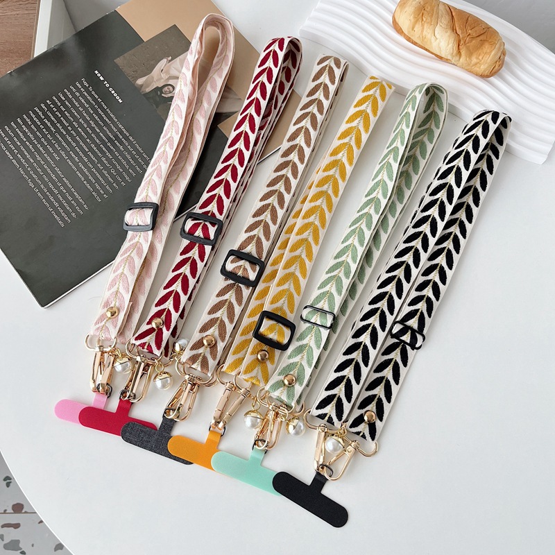 Cordón para teléfono móvil bordado hoja de ratán largo bandolera colgante cuello colgante ajustable con colgante de perlas fuerte y duradero