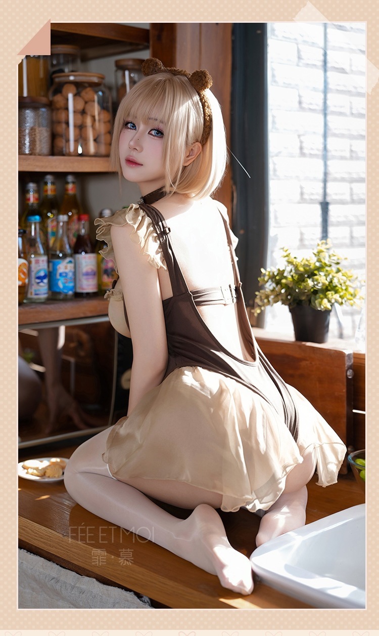 Feimu Caramel Milk Bear Lace Bodysuit with Bow, Open Crotch and White Stockings — detail image 11