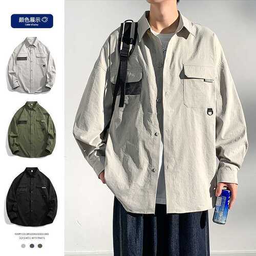 Men's artistic casual long-sleeved collar coat spring and autumn loose streetwear work shirt jacket top for men street fashion