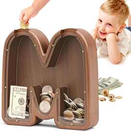 字母储蓄罐木质存钱罐二十六个英文字母透明木质存储罐礼物摆件