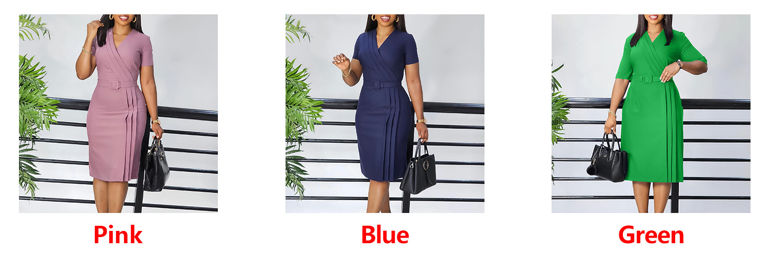 385g Weight Knee-Length Dress Length Type Short Sleeve Sleeve Length Sheath Dress Dresses Type Regular Sleeve Sleeve Type Spandex, Polyester Fabric Type Mid Waist Waist Line Holiday, Daily Occasion V Neck Neckline Slim Fit Type Solid Color Pattern Summer, Spring Season Women's Gender Belt Design Elegant Style Wholesale Women's Elegant Belt Solid Color Holiday Daily V Neck Short Sleeve Sheath Dress 1