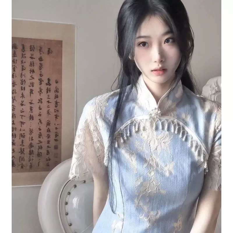 Синий Cheongsam, разрушающий кости, женский новый летний стиль, модное длинное кружевное платье с короткими рукавами в молодом стиле