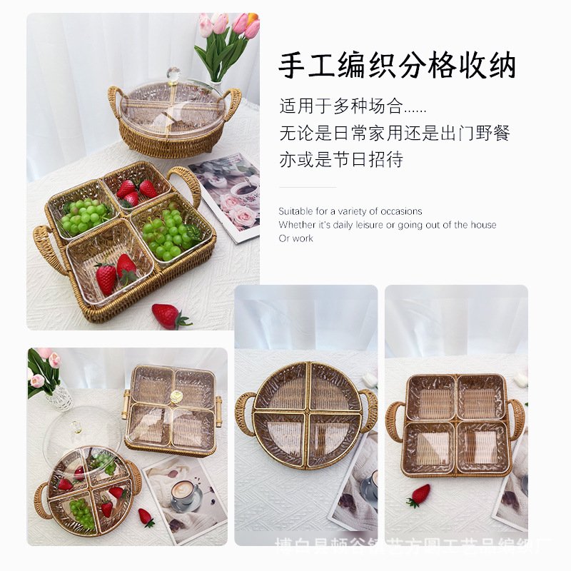 Tejido de Ratán de imitación con bandeja de bocadillos de frutas acrílicas, té de la tarde, bandeja de corazón, bocadillos de frutas secas, dulces divididos en platos.