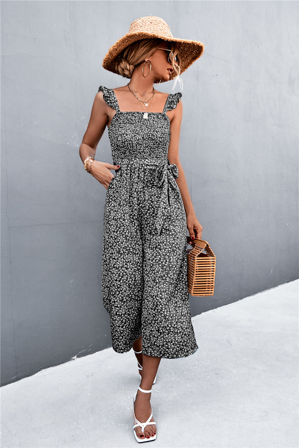 Spring Summer Flying Sleeves Belt Floral Smocking Jumpsuit