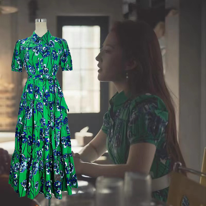 In-Stock Cross-Border 2025 New Summer Celebrity Style Liu Yifei Green High-End Floral Shirt Dress Women's Clothing