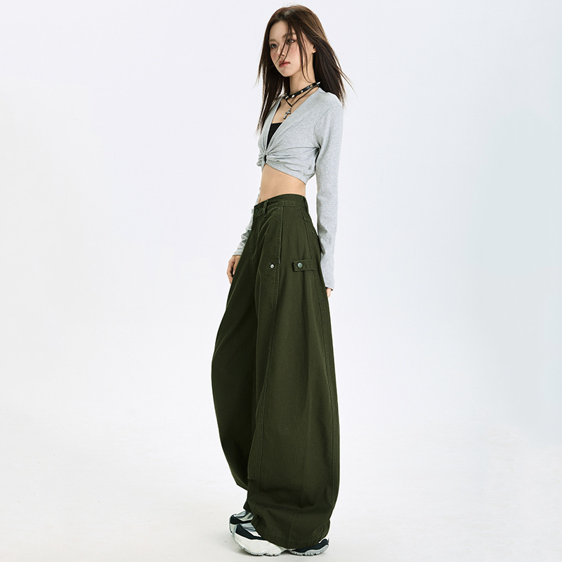 稚橘#简约时尚阔腿工装休闲裤女宽松显瘦遮肉潮流百搭弯刀拖地裤|undefined