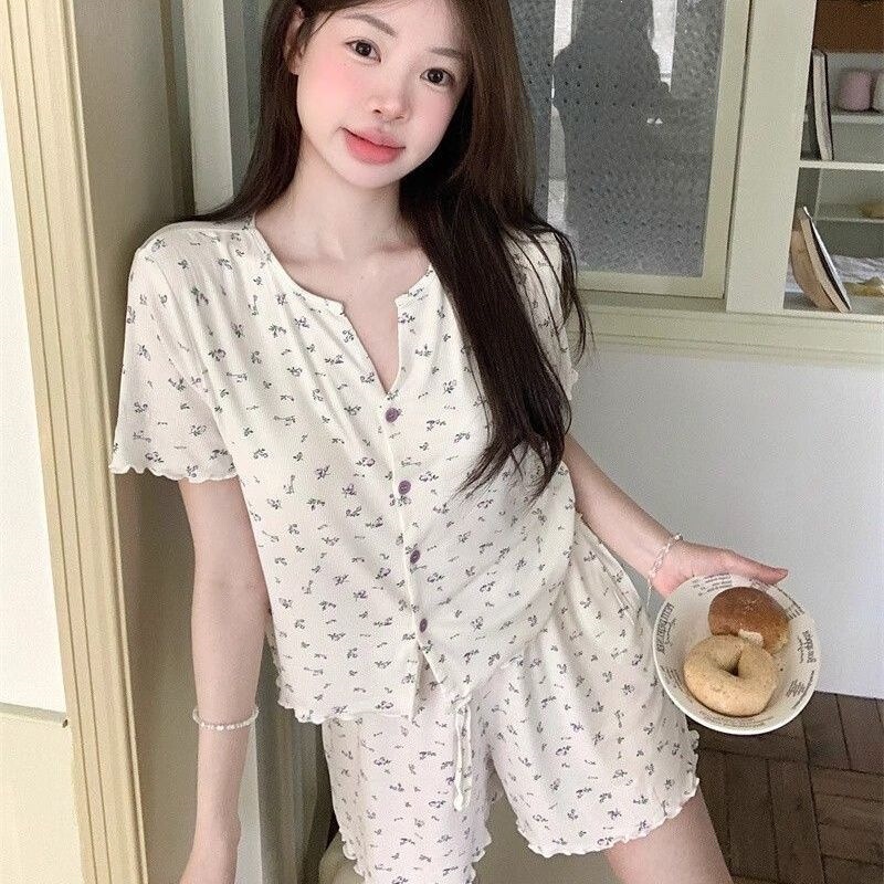 With Chest Pads, Ice Silk Ribbed Fabric, Korean Sweet Floral Short-Sleeve Cardigan, Round Neck Pajamas, Home Wear Set for Women
