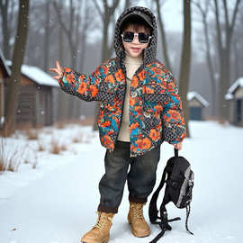 男童大花连帽棉衣冬季新款儿童抗寒保暖防风柔软轻透气排湿抗静电