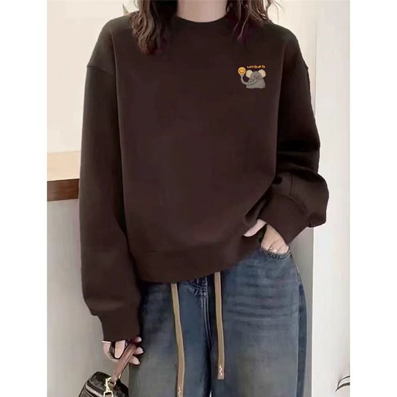 Melard Brown Sweatshirt for Women, Autumn and Winter 2026 New Popular Style, Spring and Autumn Season, Fleece-Lined and Thickened, Round Neck Top for Petite Sizes