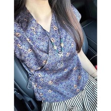 独特国风薄款唐装T恤复古汉服新中式新中式小衫系带夏季提花衬衣