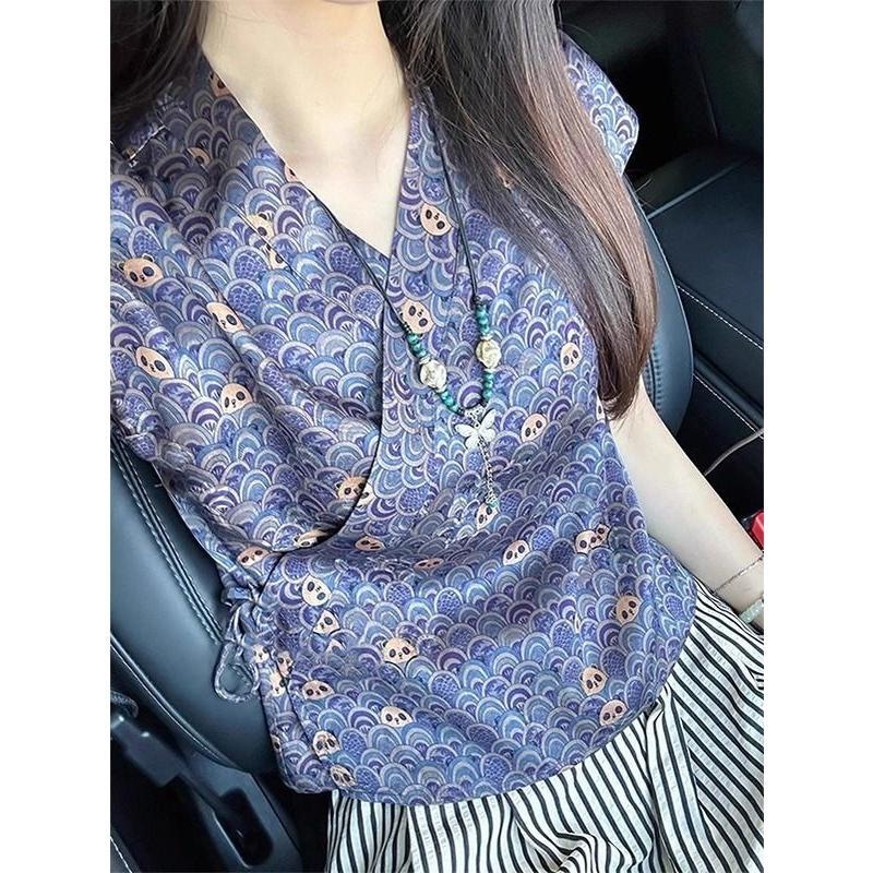 独特国风薄款唐装T恤复古汉服新中式新中式小衫系带夏季提花衬衣