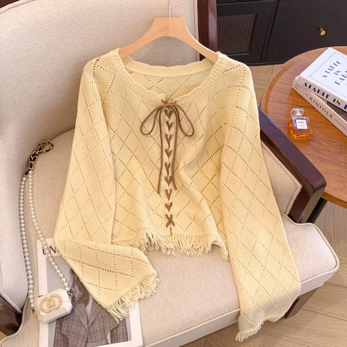 春秋季法式外贸流苏镂空菱格针织开衫女设计感小众系带短款毛衣女