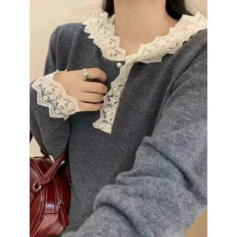 Autumn and Winter New Korean Simple Lace Cap Long Sleeve Knitted Shirt Spring and Autumn New All-match Pullover Hoodie Sweater Autumn and Winter New Korean Simple Lace Cap Long Sleeve Knitted Shirt Spring and Autumn New All-match Pullover Hoodie Sweater