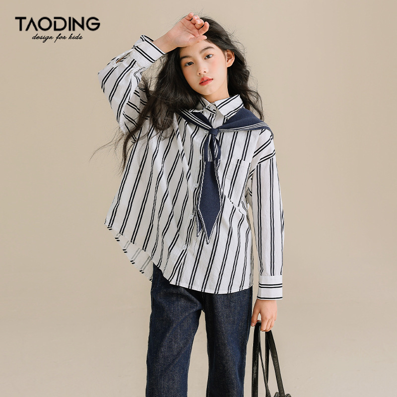 Girls' Shirts Spring & Fall New Medium and Large Girls Navy Collar Shawl Long-Sleeved Loose Top Stripesd Shirt K-Style Girls' Shirts Spring & Fall New Medium and Large Girls Navy Collar Shawl Long-Sleeved Loose Top Stripesd Shirt K-Style