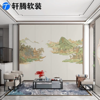 定制新中式客厅沙发背景墙山水花鸟硬包背景墙喷绘刺绣硬包背景墙