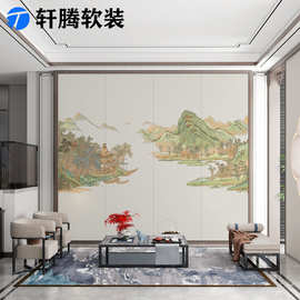 定制新中式客厅沙发背景墙山水花鸟硬包背景墙喷绘刺绣硬包背景墙
